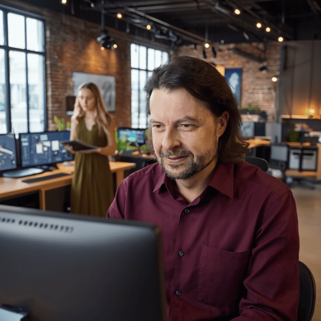 Bewertungsprozess und Echtheitsprüfung bei plangenial.de 2 Maik Marx von plangenial.de sitzt in einem modern-industriellen Loft-Büro konzentriert am Computer – symbolisiert digitale Beratung und professionelle Arbeit.